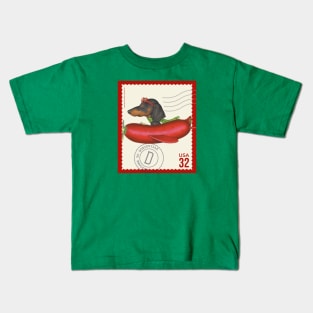 Funny Doxie flying a hotdog plane on a vintage stamp Kids T-Shirt